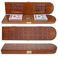Wooden Cribbage Board Game Set, Walnut Stained Continuous 3 Track for 2-3 Players, Card Storage