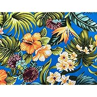 Tropical Lehua Blossoms Hawaiian Print Fabric on Teal Background 100% Cotton Sold by The Yard