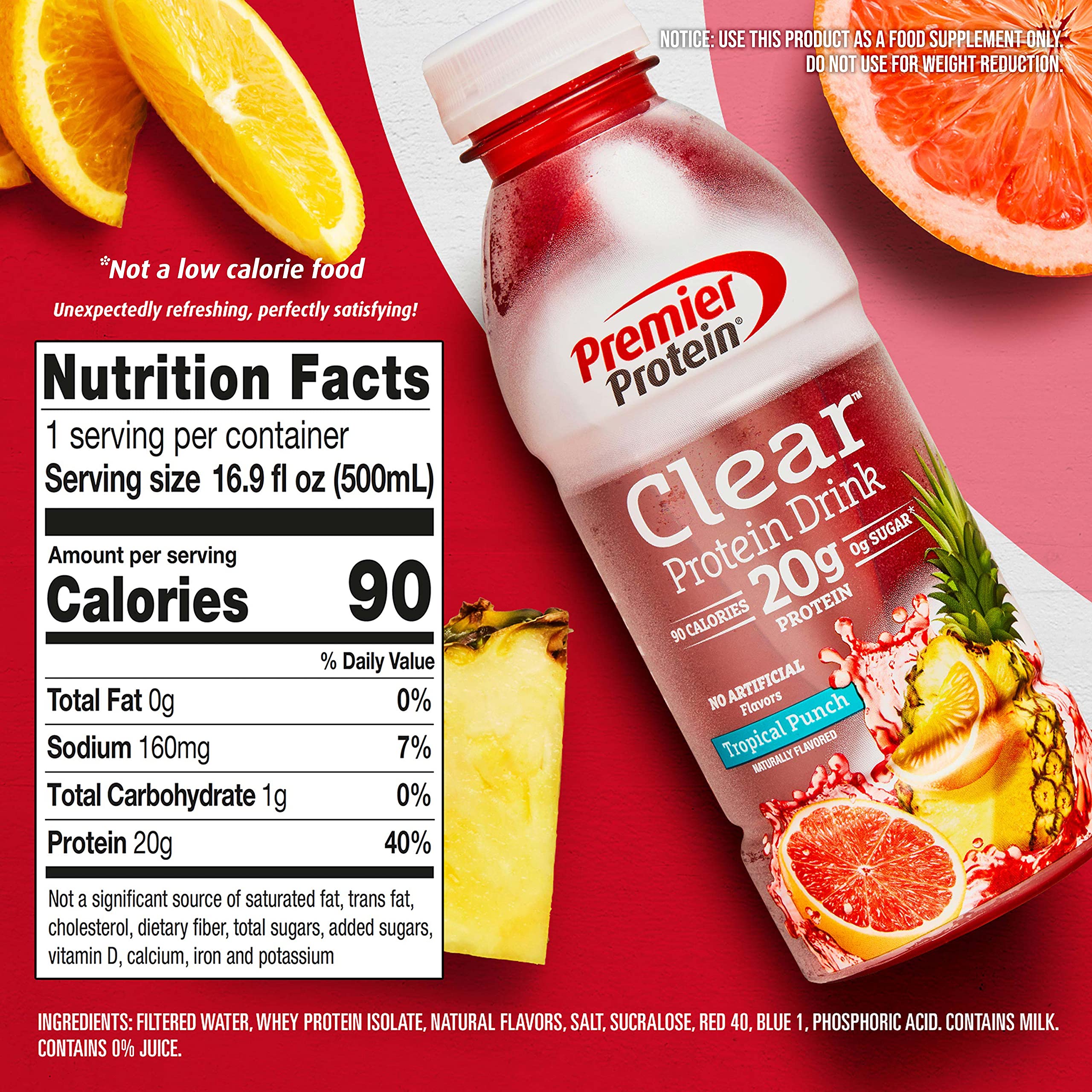 Premier Protein Clear Drink, Tropical Punch, 20g Protein, 0g Sugar, 1g Carb, 90 calories, Keto Friendly, Gluten Free, No Soy Ingredients 16.9 Fl Oz (Pack of 12)