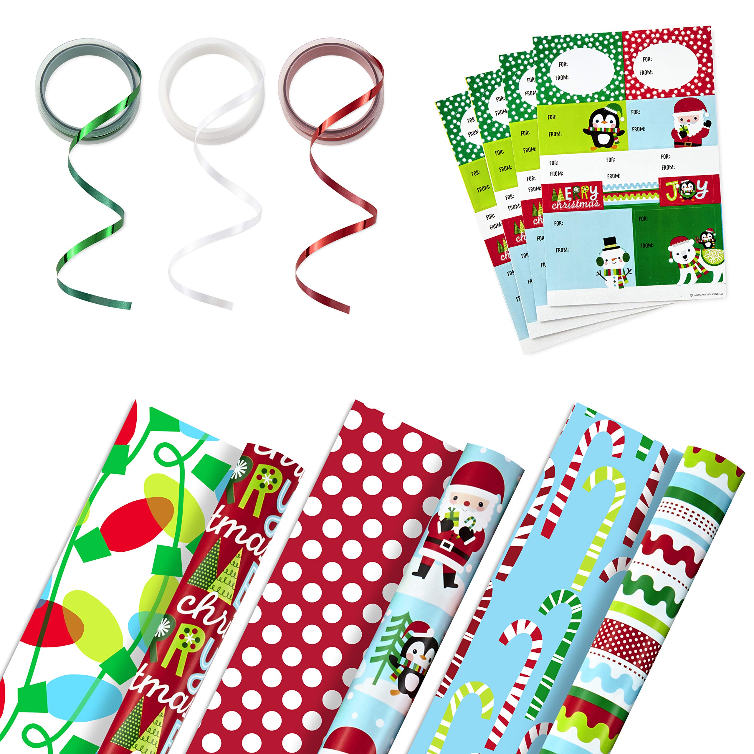 Hallmark Reversible Christmas Wrapping Paper Set with Ribbon and Gift Tag Stickers (3 Rolls of Wrapping Paper and Ribbon; Santa, Penguins, Stripes, Dots)