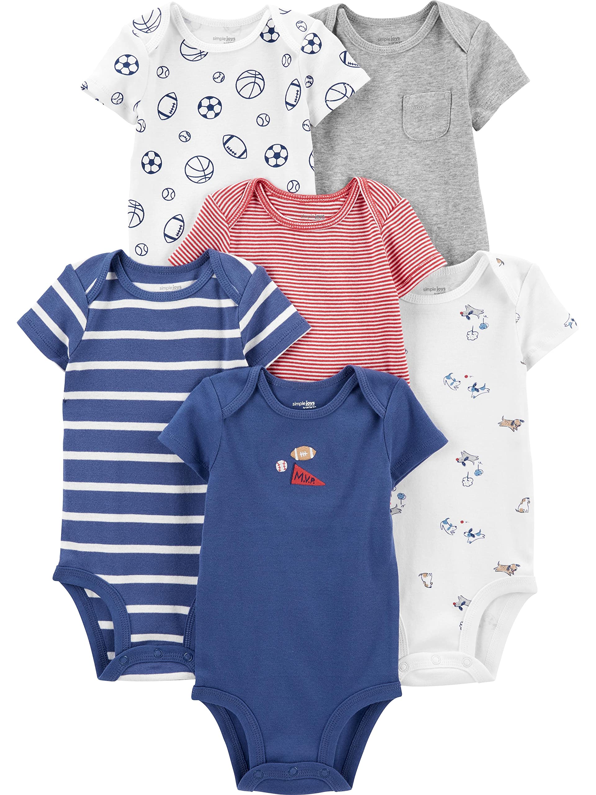 Simple Joys by Carter's Baby Boys' Short-Sleeve Bodysuit, Pack of 6, Multicolor/Dogs/Mini Stripe/Sports Pack, 12 Months