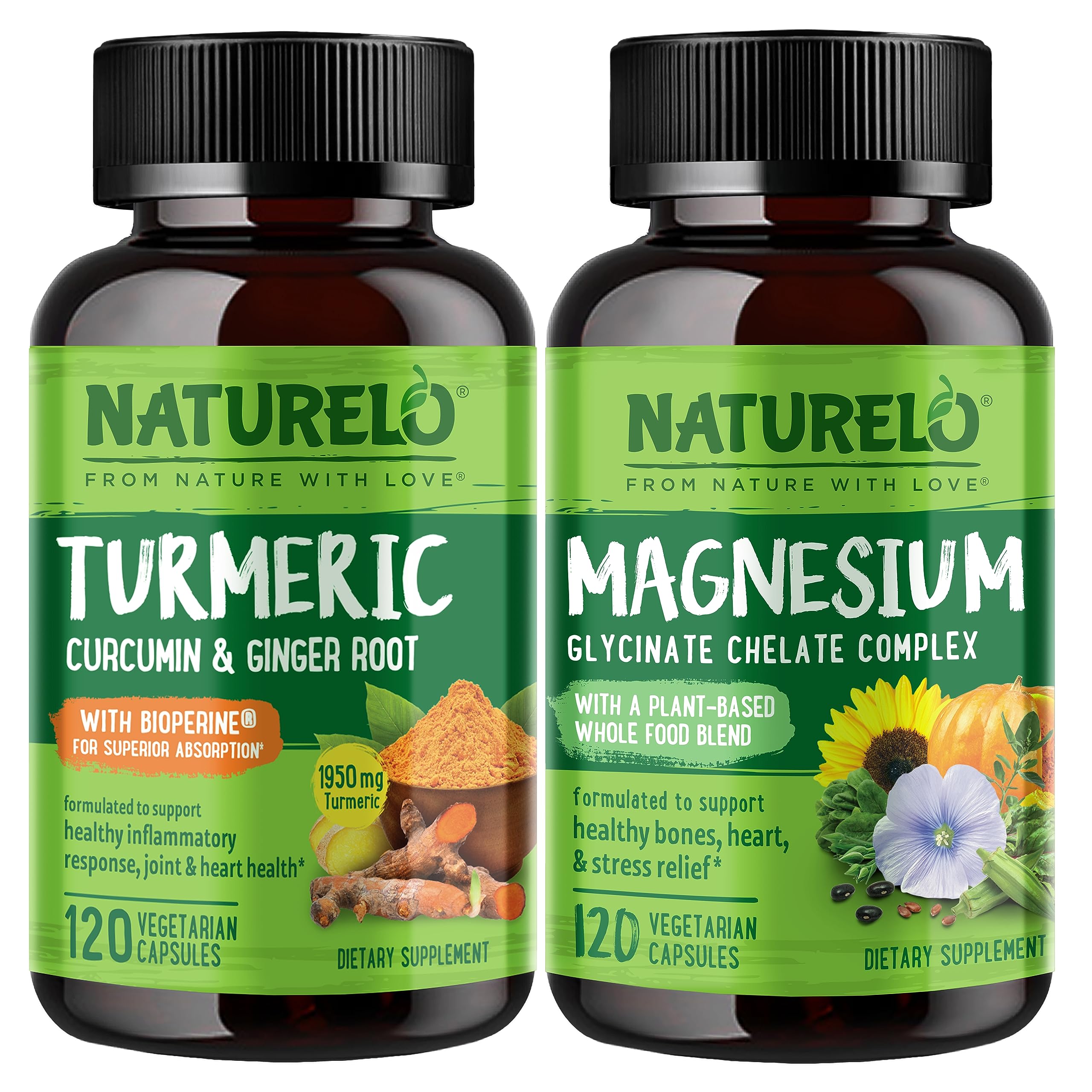NATURELO Tumeric Curcumin, Plant Based Joint Support, Magnesium Glycinate, 200 mg Magnesium - Gluten Free, Non GMO - 120 Capsules
