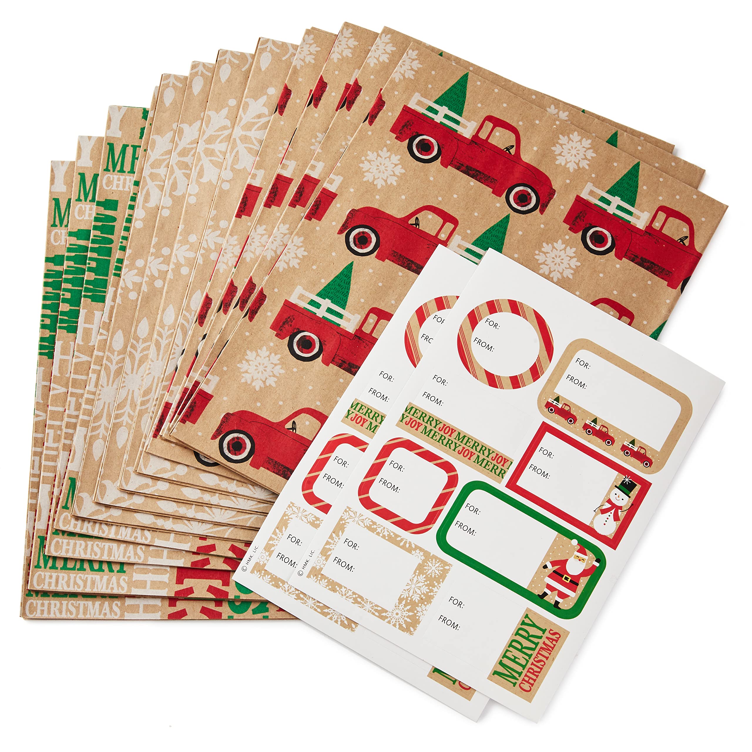 Hallmark Recyclable Kraft Christmas Flat Wrapping Paper Sheets with Cutlines on Reverse (12 Folded Sheets with Sticker Gift Tags) Rustic Red Trucks, White Snowflakes, 