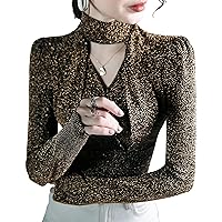 Mesh Tops for Women High Neck Long Sleeve Bright Silk Hollow Out Patchwork Blouses Elegant Party Dinner Shirts