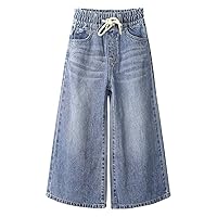 KIDSCOOL SPACE Girls Jeans, 5-14T Wide-Leg Loose Elastic Waist with String Flared Denim Pants