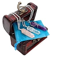 Healing Crystal Pendant Necklaces (Set of 3) Master Stones: Amethyst, Rose Quartz & Clear Quartz w/Identification Cards & Treasure Box, Positive Energy, Good Vibes, Lucky Charm, Reiki