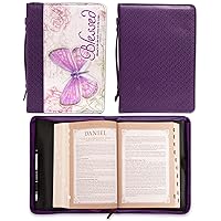 Christian Art Gifts Women's Fashion Bible Cover Blessed Butterfly Jeremiah 17:7, Purple Floral Faux Leather, Medium