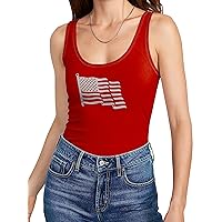 Ma Croix Womens Patriotic Racer Back Tank Top Gray USA Flag Independence Day Graphic Print Tee