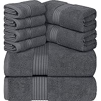 8-Piece Premium Towel Set, 2 Bath Towels, 2 Hand Towels, and 4 Wash Cloths, 100% Ring Spun Cotton Highly Absorbent Towels for Bathroom, Sports, and Hotel (Grey)
