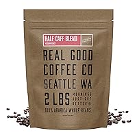 Real Good Coffee Company - Whole Bean Coffee - Half Caff Medium Roast Coffee Beans - 2 Pound Bag - 100% Whole Arabica Beans - Grind at Home, Brew How You Like