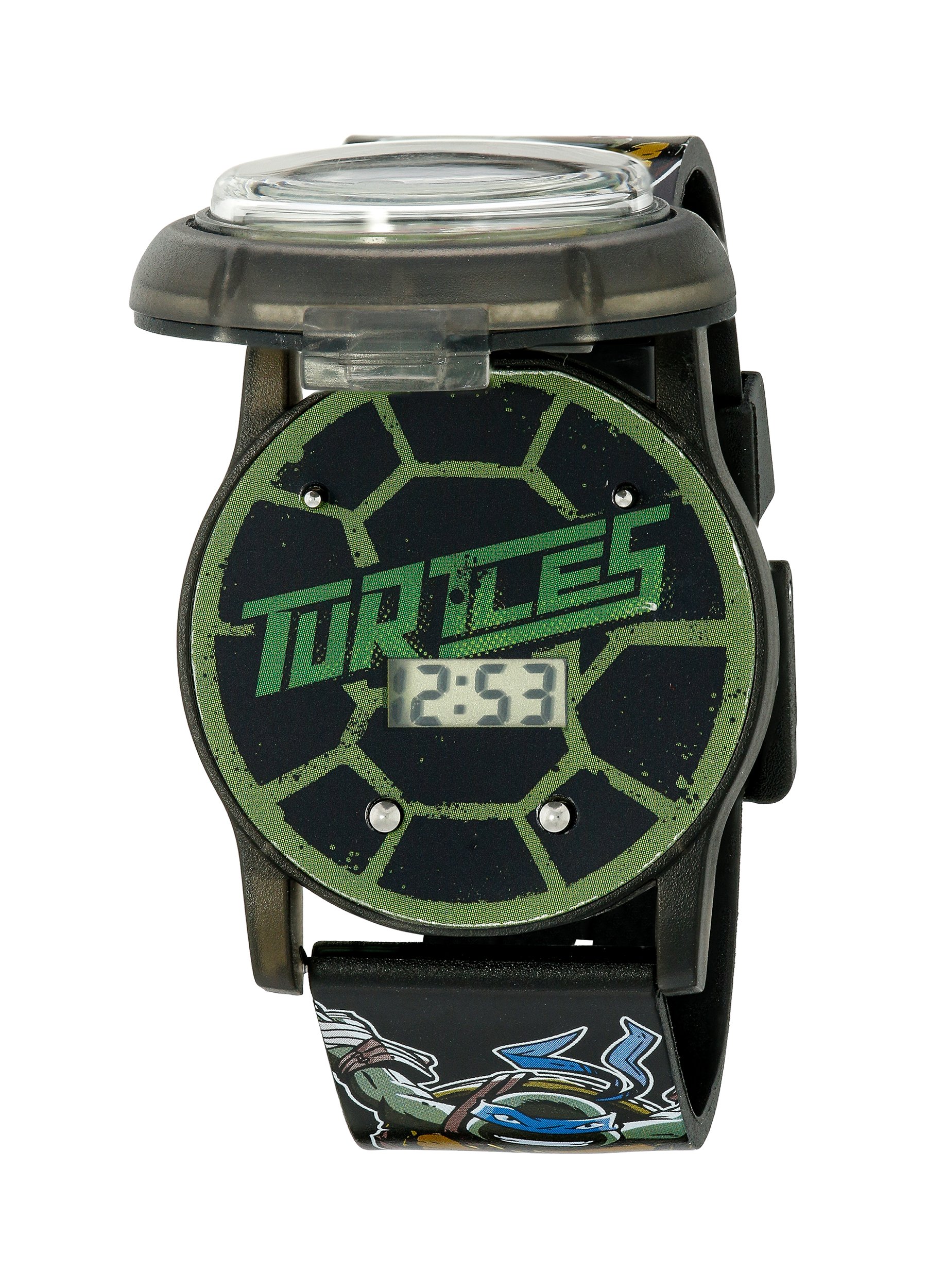 Accutime Ninja Turtles Kids' Digital Watch with Pop Open Top/Casing, Flashing LED Lights, Black Strap - Official TMNT Characters on The Top, Safe for Children - Model: TMN4205