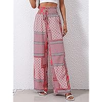 Pants for Women Women's Pant Geo & Paisley Print Knot Waist Wide Leg Pants Pants (Color : Pink, Size : Medium)