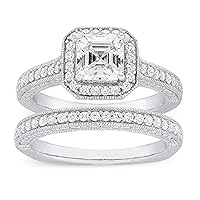 .925 Sterling Silver & Asscher Cut Cubic Zirconia with Halo Cathedral Style Engagement Ring and Half Eternity Style Wedding Band Bridal Set