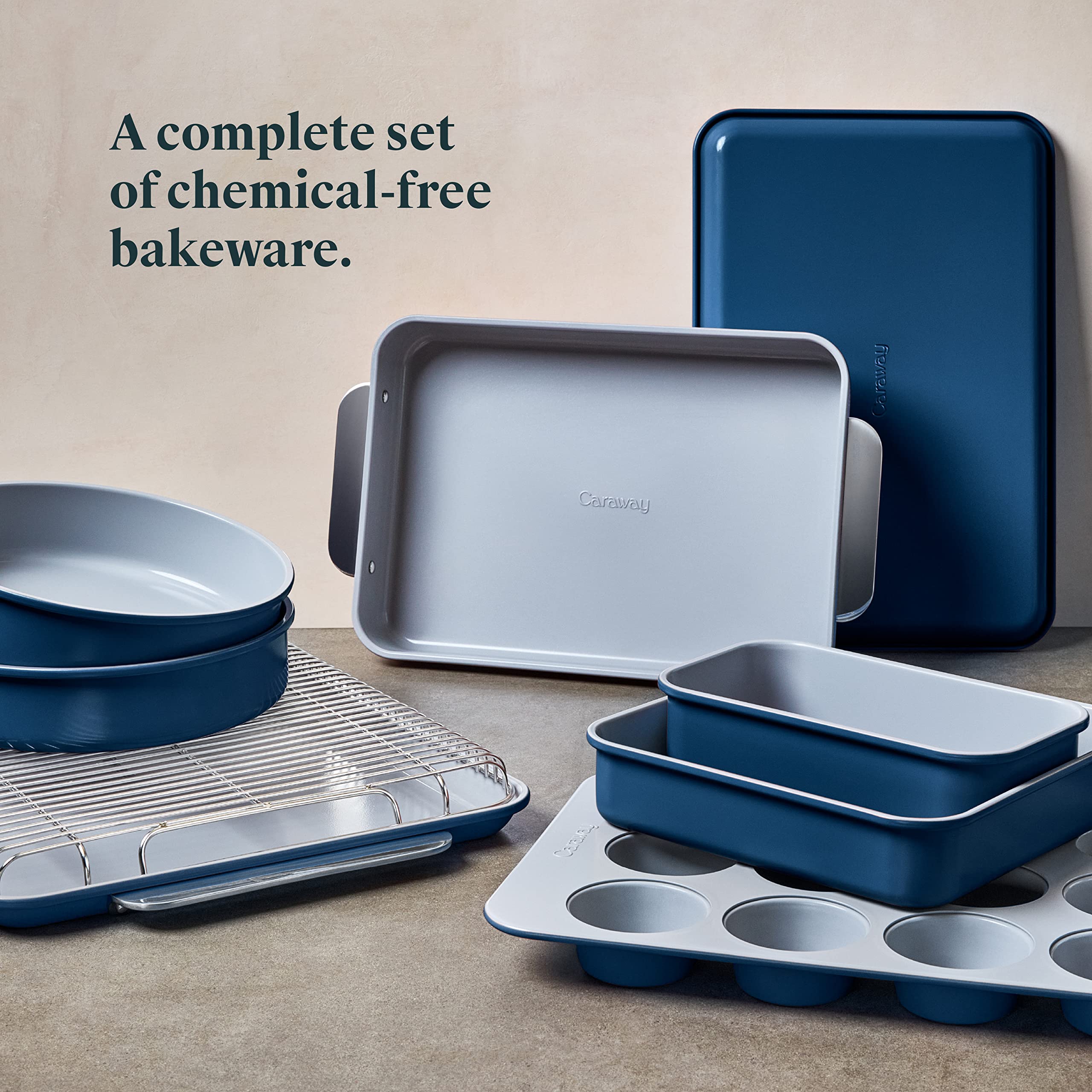 Caraway Nonstick Ceramic Bakeware Set (11 Pieces) - Baking Sheets, Assorted Baking Pans, Cooling Rack, & Storage - Aluminized Steel Body - Non Toxic, PTFE & PFOA Free - Navy