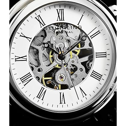 Stuhrling Original Men's Pocket Watch Stainless Steel Analog Skeleton Watch Hand Wind Mechanical Movement Stainless Steel Chain