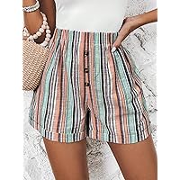 Women's Shorts Striped Print Button Front Roll Up Hem Shorts Shorts for Women (Color : Multicolor, Size : Large)