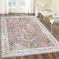 Area Rug 9x12 Vintage Print Large Rug Machine Washable Area Rug Low Pile Non Slip Indoor Floor Carpet Foldable Thin Rug for Bedroom Living Room, Orange/Beige