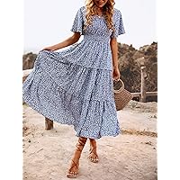 TLULY Dress for Women Floral Shirred Flutter Sleeve Ruffle Hem Dress (Color : Blue and White, Size : X-Large)
