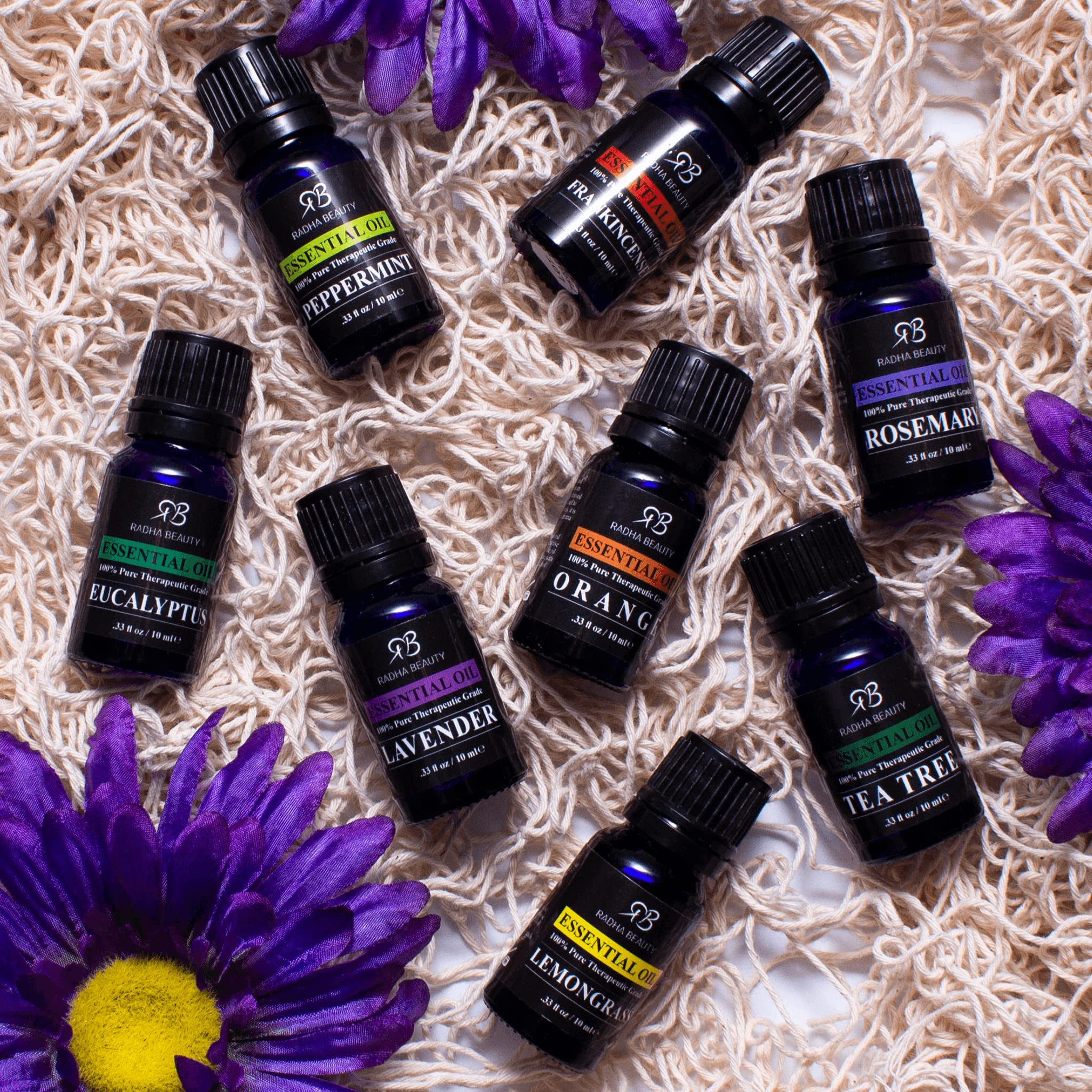 Essential Oil Set - Aromatherapy for Diffusers, Massage. Candle Making, Soaps, Bath Bombs. Top 8-10mL Oils: Lavender, Peppermint, Lemongrass, Tea Tree, Orange, Eucalyptus, Rosemary and Frankincense.