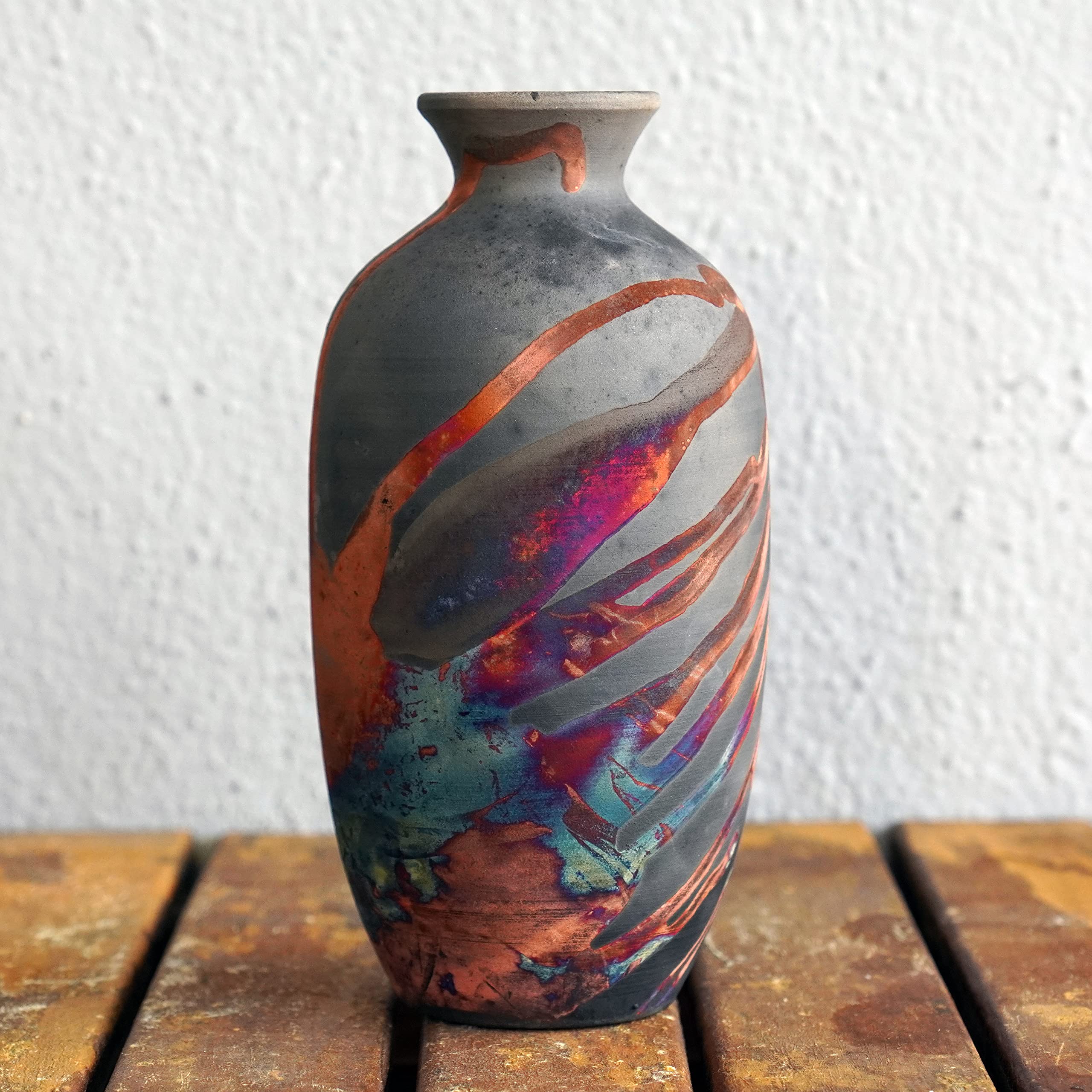 RAAQUU Koban 7 inch Raku Ceramic Pottery Vase - Carbon Half Copper Matte Raku Pottery with Water Tube Gifts for her mom, Boho, Home Decor