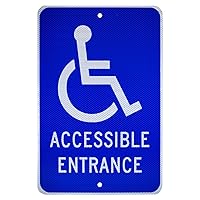 NMC TM149J ACCESSIBLE ENTRANCE Sign - 12in. x 18in. Aluminum Handicapped Parking Sign with Graphic, White on Blue Base