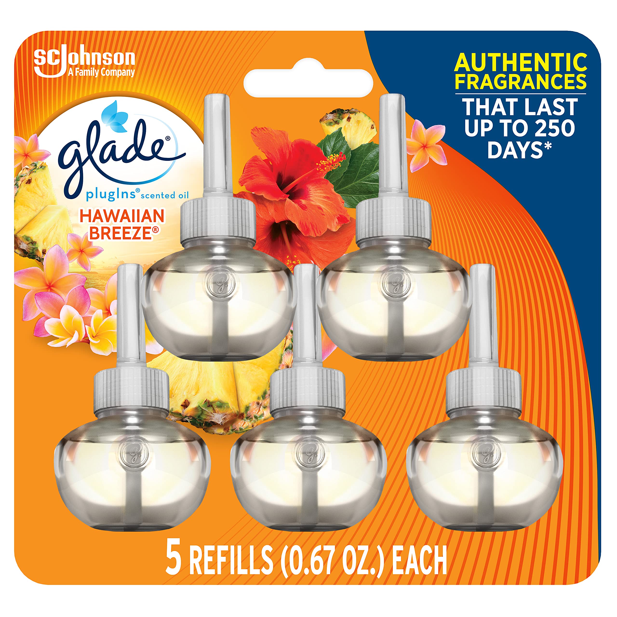 Glade PlugIns Refills Air Freshener, Scented and Essential Oils for Home and Bathroom, Hawaiian Breeze, 3.35 Fl Oz, 5 Count