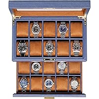 ROTHWELL Leather Watch Box with 20 Compartments Luxury Watch Case Jewelry Organizer Lockable Watch Display Case Holder with Large Real Glass Top Watch Box Organizer for Women Men