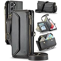 Crossbody for Samsung Galaxy S21 Case Wallet【RFID Blocking】 with 7-Card Holder Zipper Bills Slot, Soft PU Leather Magnetic Wrist Shoulder Strap for Galaxy S21 5G Phone Case for Women, Black