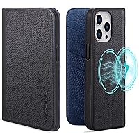 VISOUL Pebbled Genuine Leather Case for iPhone 15 Pro Max Wallet Case with MagSafe and Card Holder, Magnetic Flip Folio Cover with Kickstand for iPhone 15 Pro Max (6.7 inch)(Black+Blue)