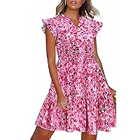 HOTOUCH Women Printed Dress for Summer Short Ruffle Sleeve Dress Tiered Mini Dress with Pockets