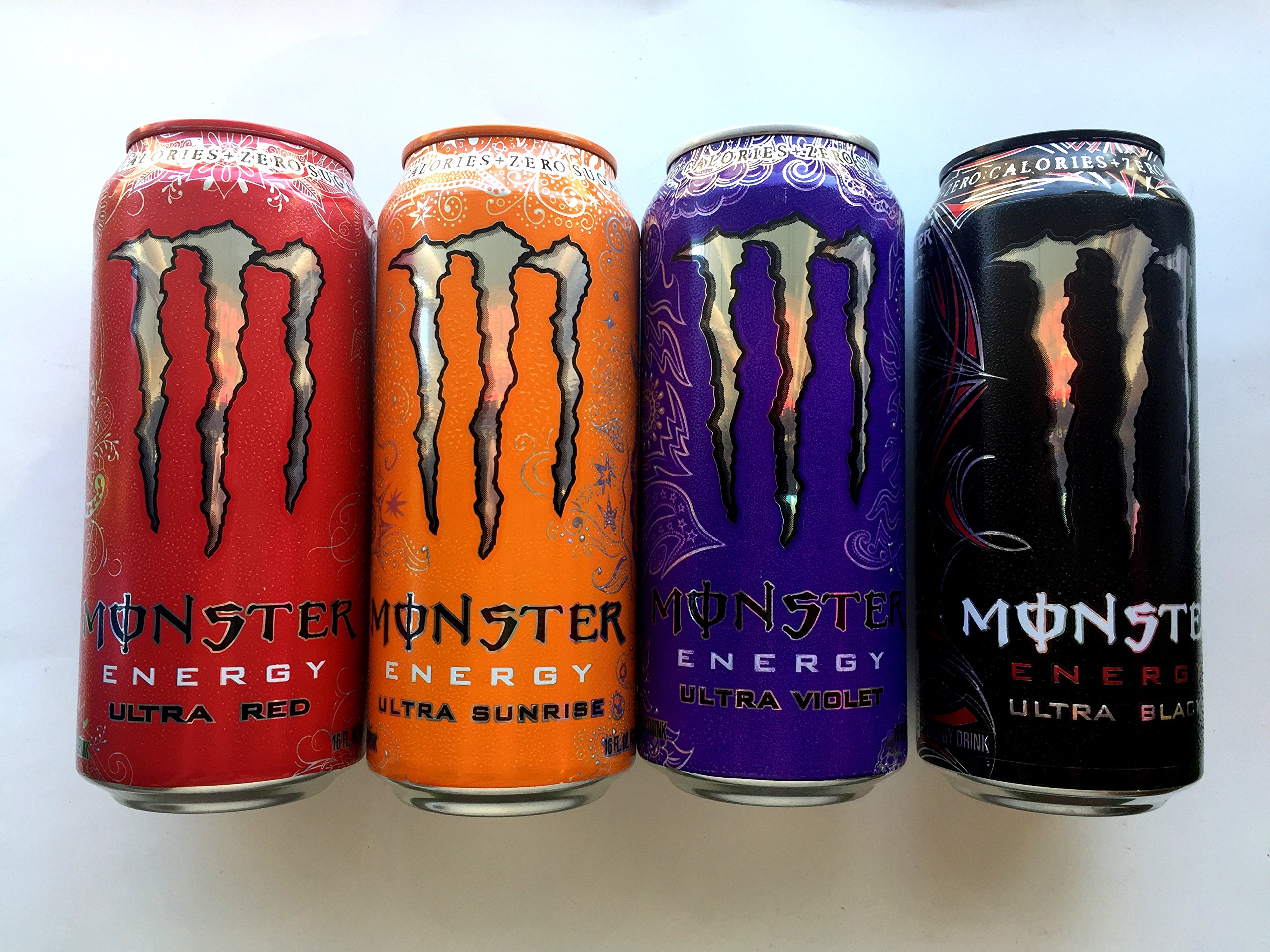 Monster Energy Drink Zero Ultra Variety - Ultra Red, Ultra Sunrise, Ultra Black, Ultra Violet - 16fl.oz. (Pack of 16)