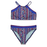 Hobie Girls' Hi Neck Bralette Bikini Top & Spliced Hipster Bottom Swimsuit Set, Multi//Tribal Tile, 14