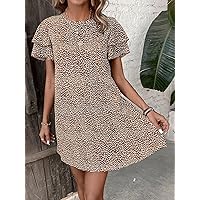 Women's Dress All Over Print Layered Sleeve Tunic Dress Dress for Women (Color : Brown, Size : Large)