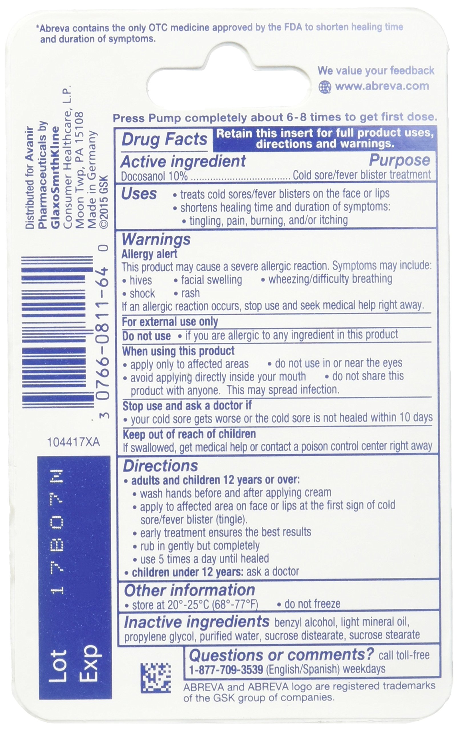 Abreva Cold Sore/Fever Blister Treatment, Pump 0.07 oz (2 g) (Abreva Pump)