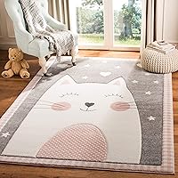 Carousel Kids Collection Area Rug - 8' x 10', Pink & Grey, Cat Design, Non-Shedding & Easy Care, Ideal for High Traffic Areas for Boys & Girls in Playroom, Nursery, Bedroom (CRK134P)