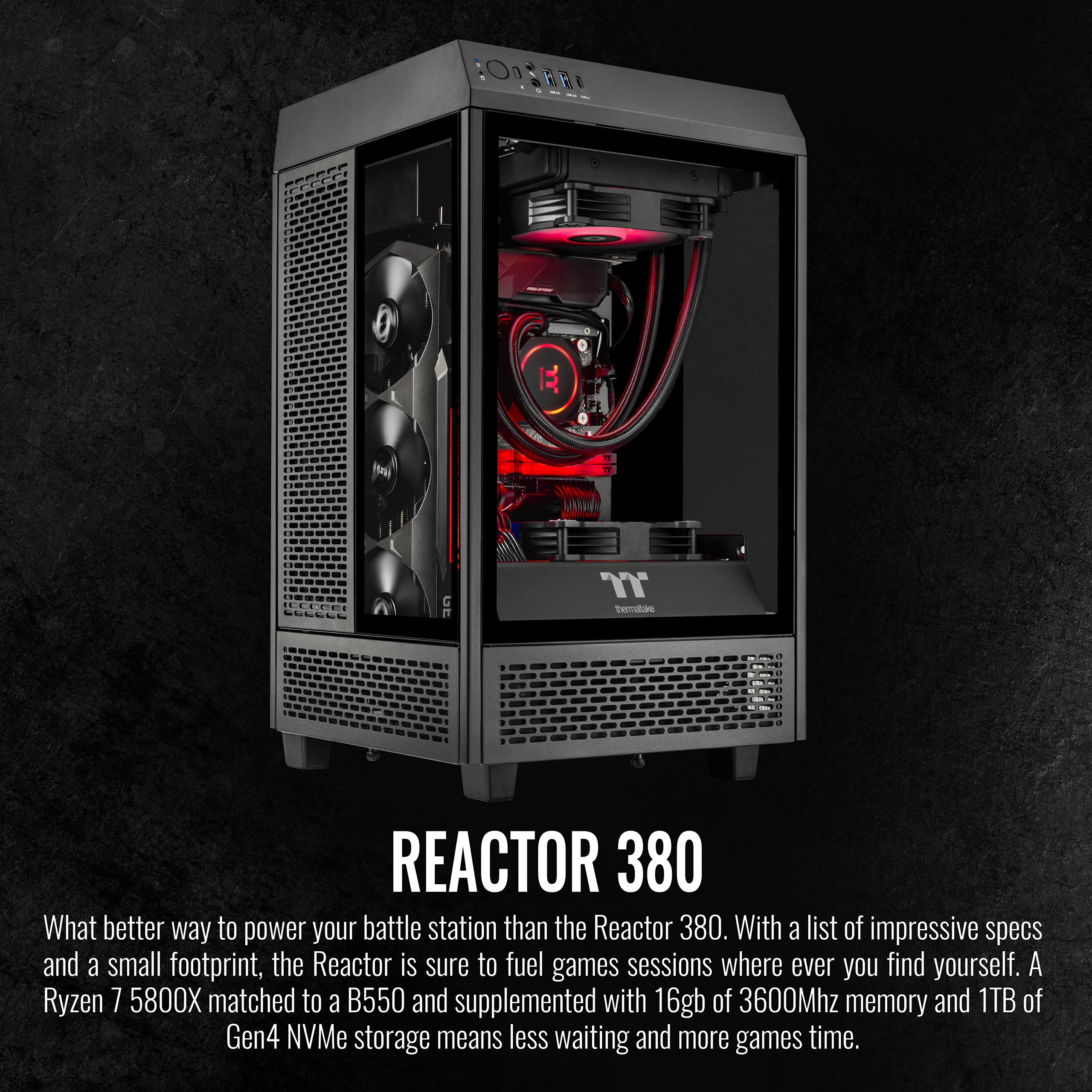 Thermaltake Reactor 380 Liquid-Cooled PC (AMD Ryzen 7 5800X, RTX 3080, 16GB 3600Mhz DDR4 RGB ToughRAM, Seagate FireCuda 520 NVMe 1TB, WiFi, Win 10 Home) Gaming Desktop Computer TW1B-B550-R38-LCS