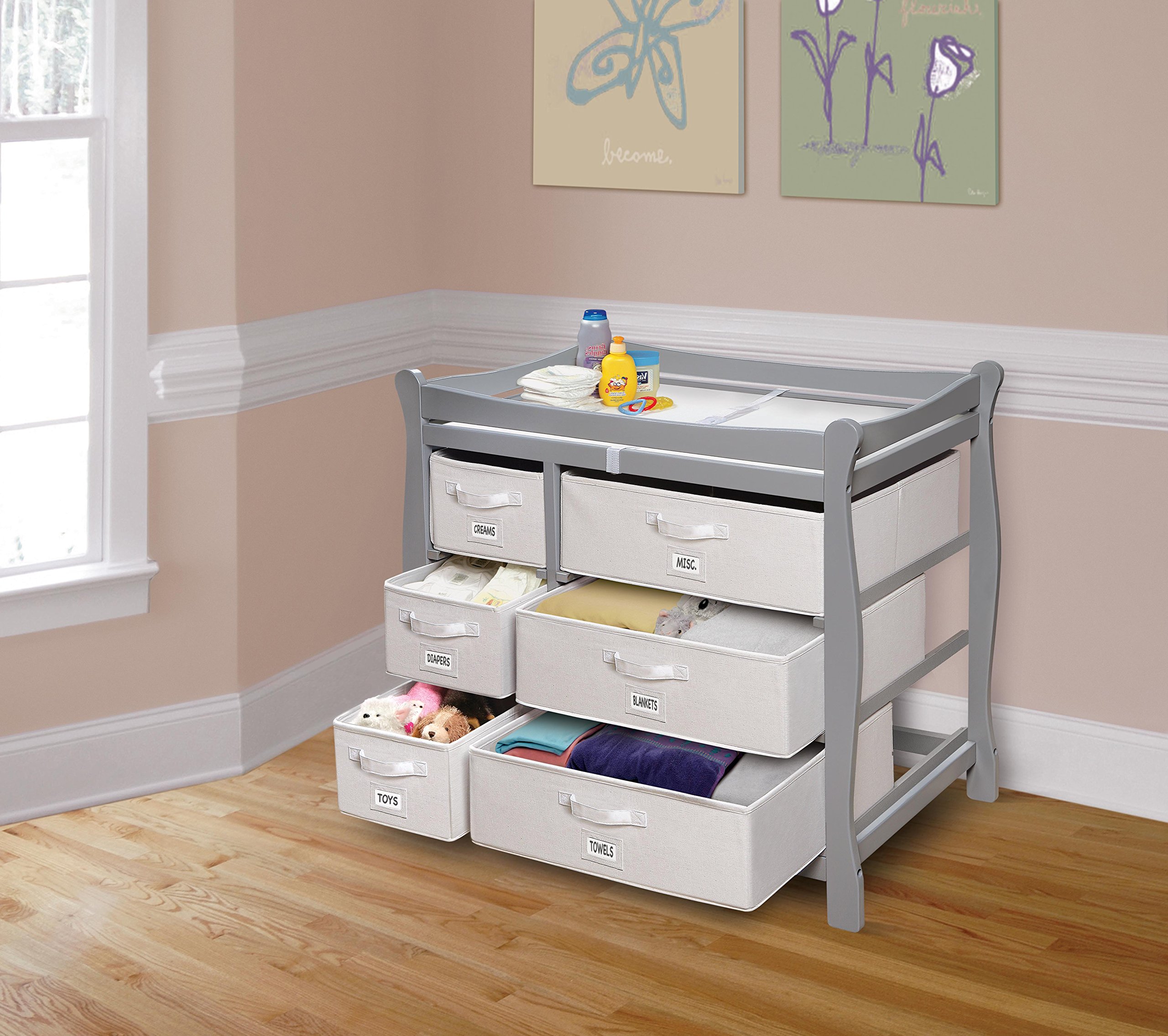 Badger Basket Sleigh Style Baby Changing Table with 6 Storage Baskets & Pad, Cool Gray/White