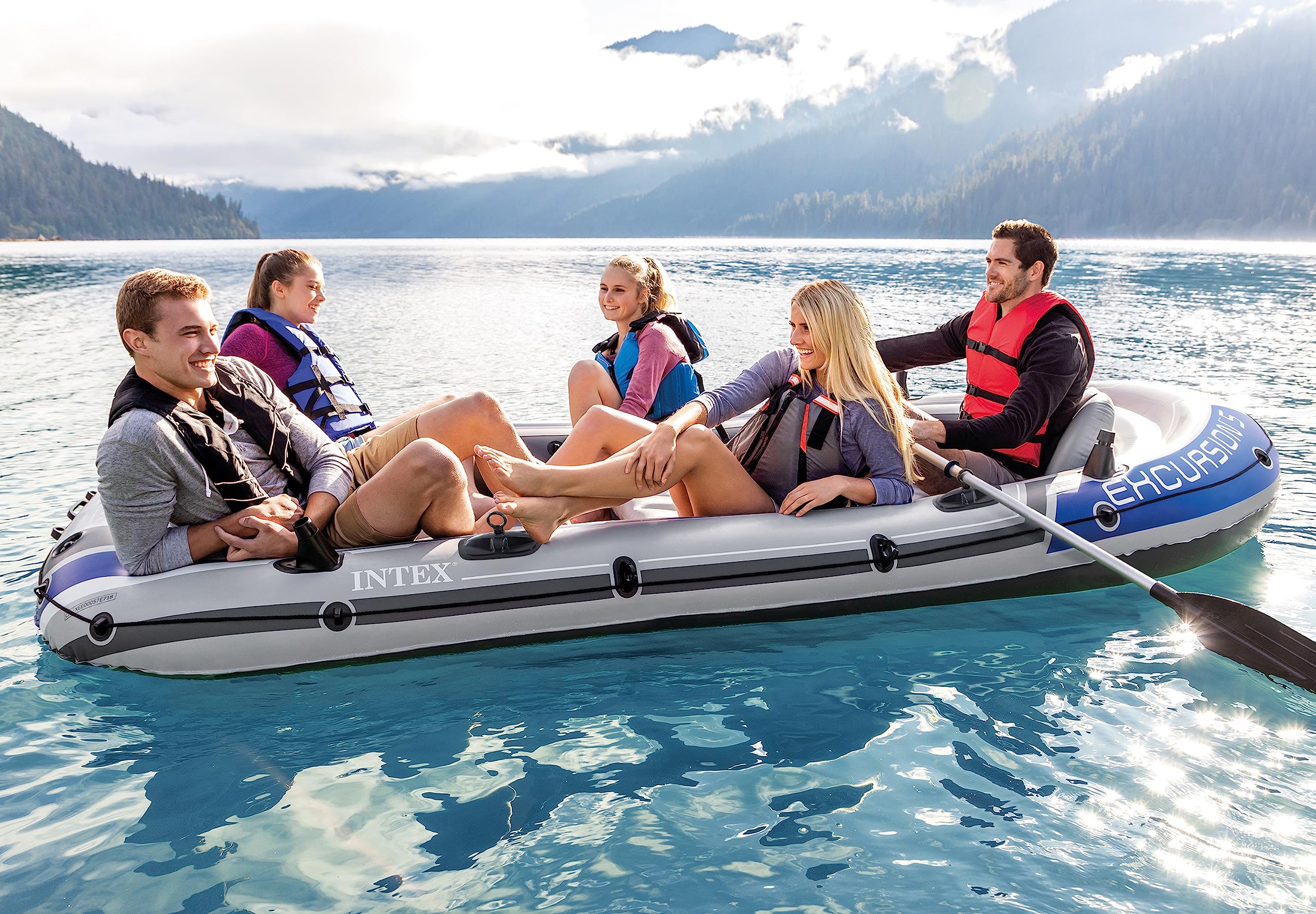 INTEX Excursion Inflatable Boat Series: Includes Deluxe 54in Aluminum Oars and High-Output Pump – SuperStrong PVC – Adjustable Seats with Backrest – Fishing Rod Holders – Welded Oar Locks