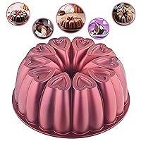 Heart Shape Aluminum Cake Pan, Titanium Coating, Non-Stick, 12 Cups, Heavy Duty, Mothers Day Bundt Cake Pan, 10 Inch Baking Mold, Cast Aluminum Fluted Tube Pan, Easy to Clean (Red)