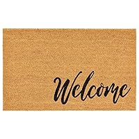 mDesign Rectangular Coir and Rubber Entryway Welcome Doormat with Natural Fibers for Indoor or Outdoor Use - Decorative Script Welcome Design - 36