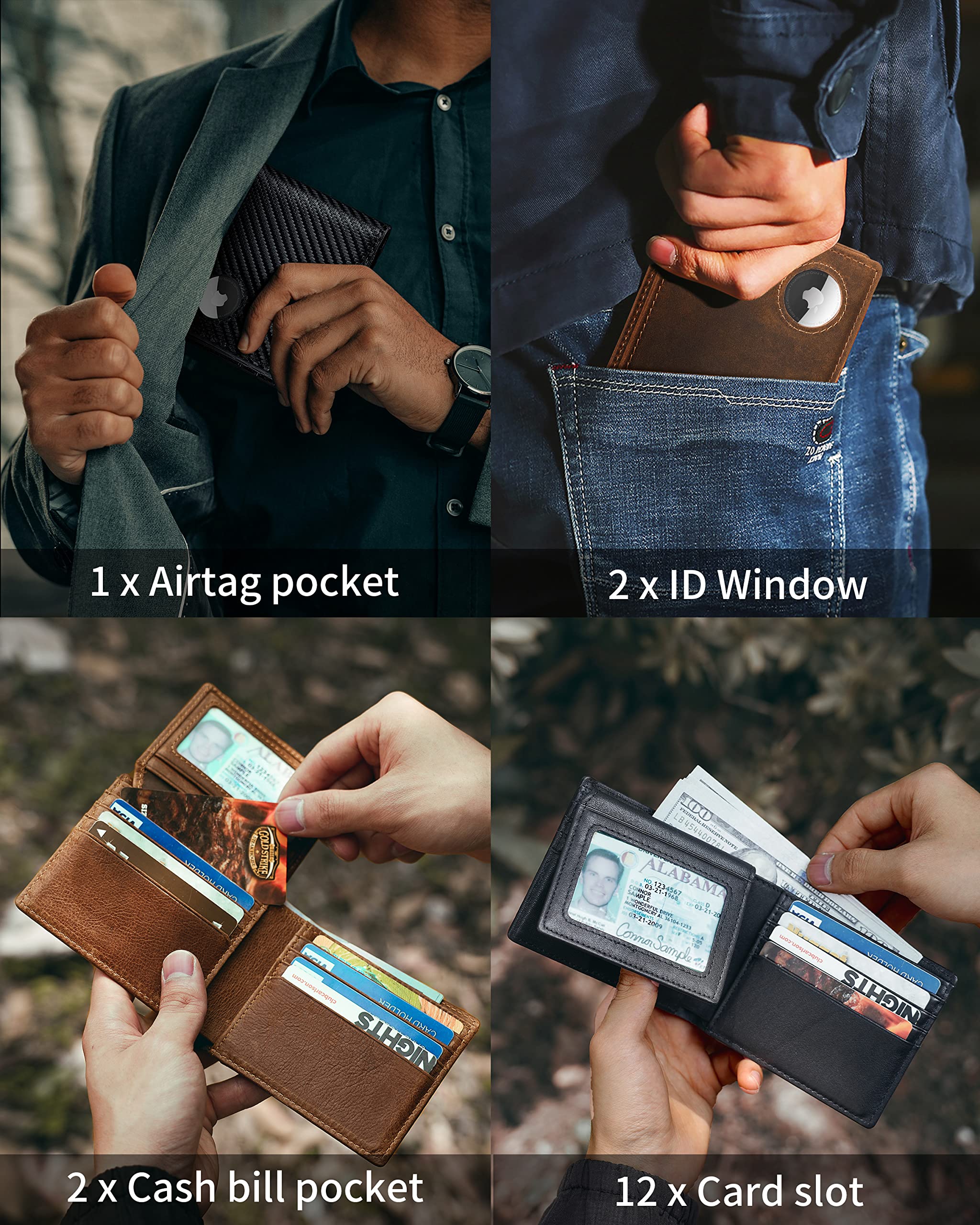 AirTag Wallet - Bifold Genuine Leather RFID Blocking Men's Wallet With AirTag Holder 2 ID Windows 12 Cards Holders - Gift Box - Airtag Protective Film Included - Airtag Not Included