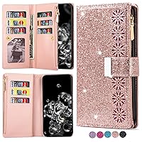 XYX Zipper Wallet Case for iPhone 15 6.1 Inch, Glitter Starry Laser 9 Card Slots PU Leather Flip Phone Case with Wrist Strap, Rose Gold