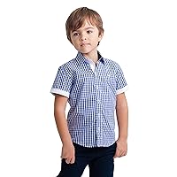 Boys' Blue Check Gingham Short Sleeve Summer Dress Shirt - 100% Pima Cotton