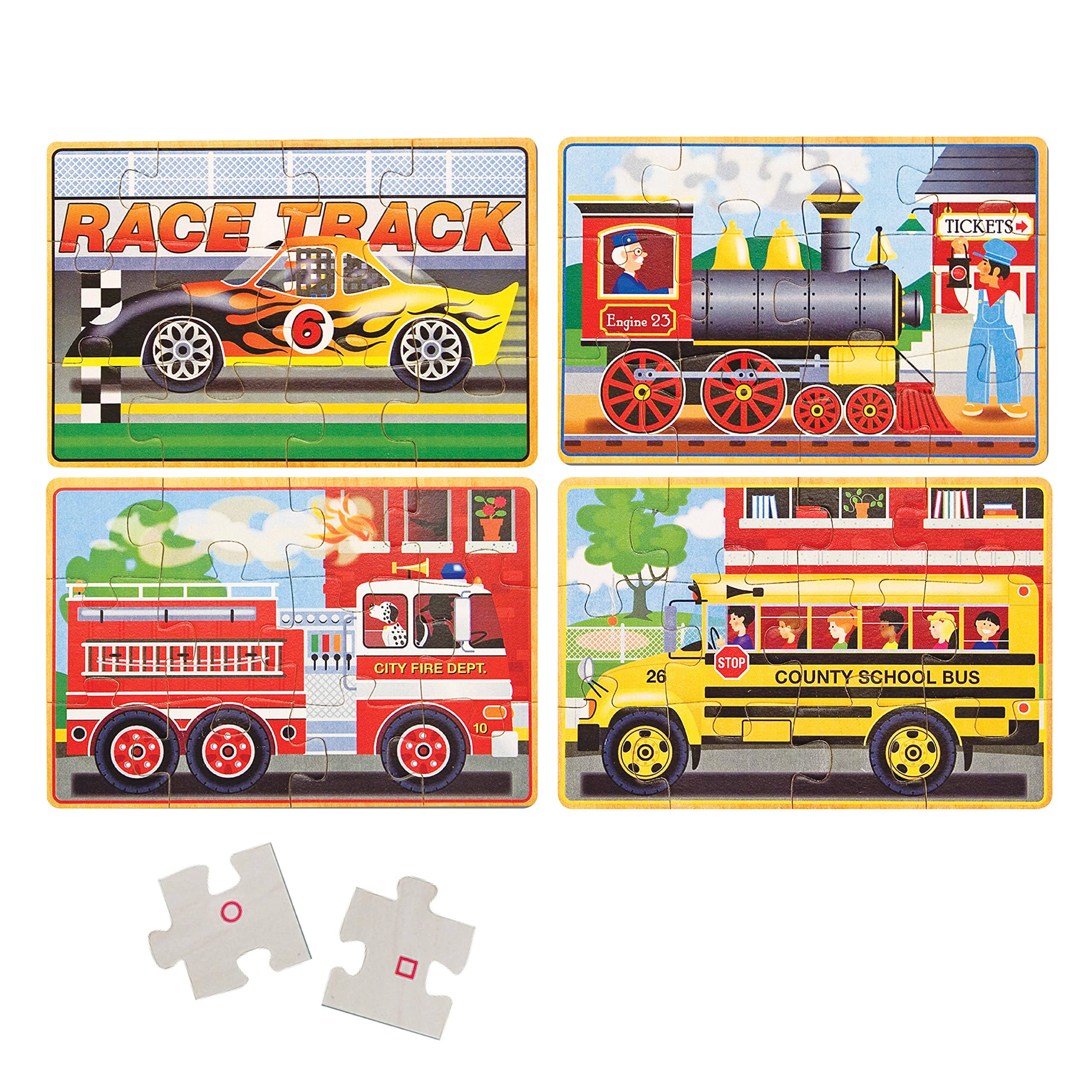Melissa & Doug Vehicles 4-in-1 Wooden Jigsaw Puzzles in a Storage Box (48 pcs) - Toddler , Fire Truck Puzzles For Kids Ages 3+ - FSC-Certified Materials