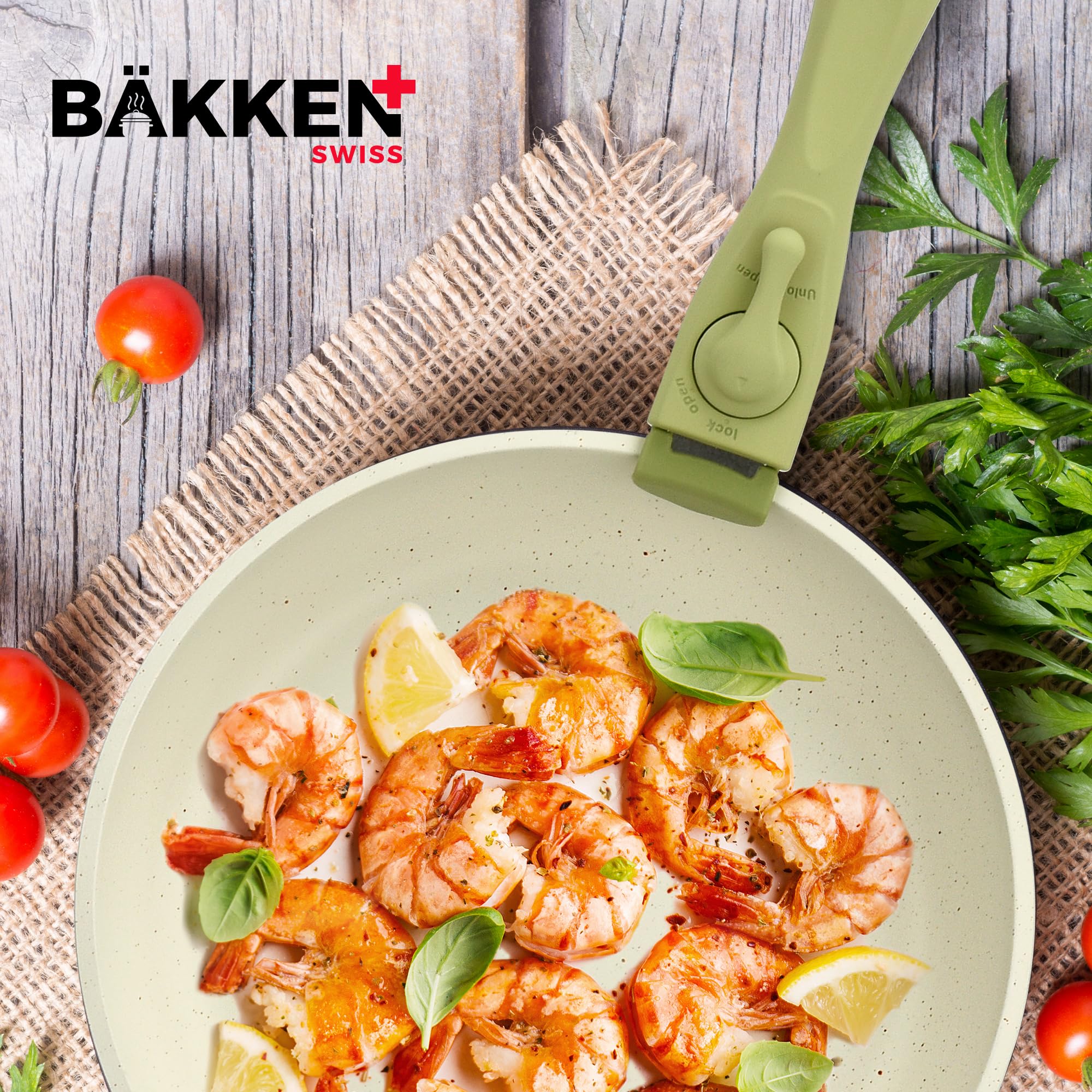 Bakken-Swiss Detachable 15-Piece Cookware Set – Granite Non-Stick – Eco-Friendly – stackable Removable Handles – for All Stoves & Oven-Safe - Green/cream color