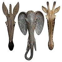 Design Toscano Animal Masks of The Savannah, Giraffe Zebra and Elephant Wall Sculptures Exotic African Decor, 16 Inch, Set of Three, Full Color, 3 Count