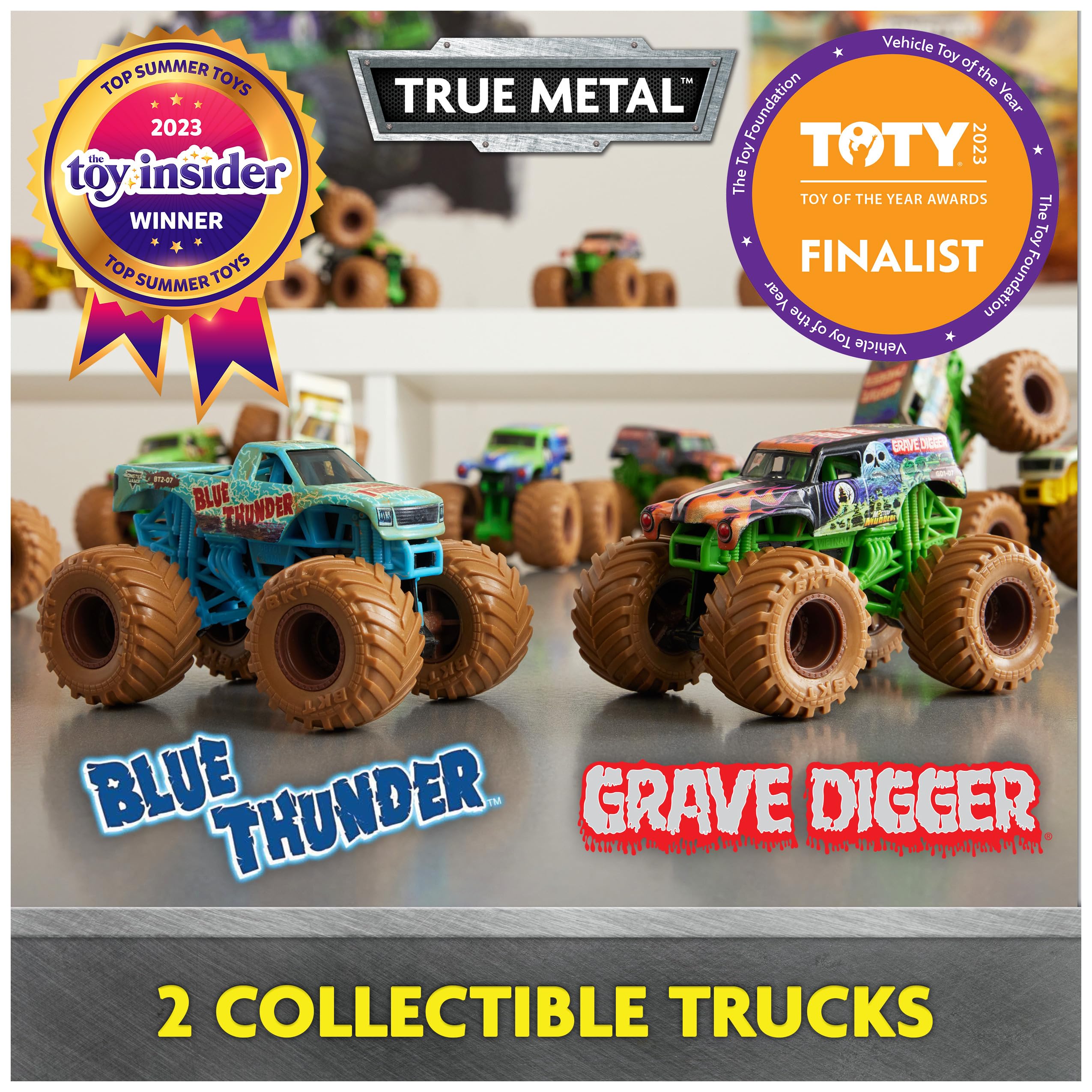 Monster Jam, Mystery Mudders 2-Pack Monster Trucks, Official 1:64 Grave Digger and Blue Thunder Die-Cast Vehicles, Wash To Reveal (Styles Will Vary)