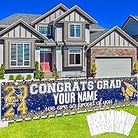 Graduation Party Decorations Banner Blue Gold Personalized Graduation Yard Banner Sign Congrats Grad Banner with 78 Alphabet Stickers for Class of 2024 High School College Graduation Party Supplies