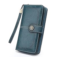 Womens Wallet Leather Large Capacity Card Holder Zipper Wristlet Wallets for Women-peacock blue