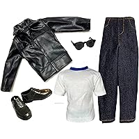Clothes Fashion Pack for Boy Boyfriend Ken Doll Action Figure Terminator Motorcycle Black Leather Jacket Jeans Shoes Sunglasses White T Shirt for 12 inch Doll